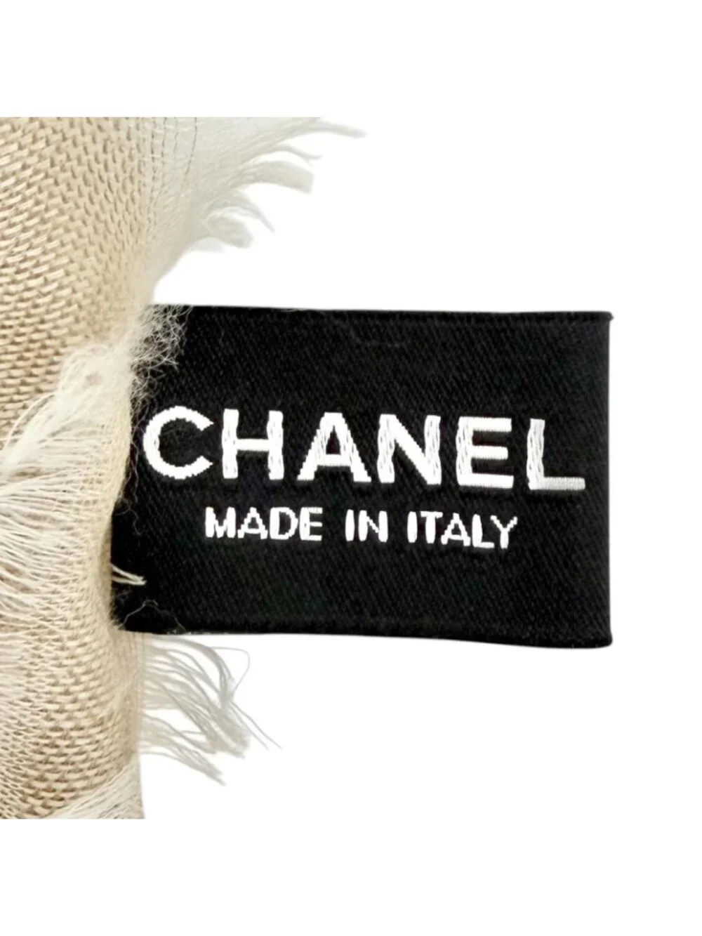 Chanel Cashmere Silk CC Logo Quilted Pattern Mini Fringe Shawl Beige Ivory Scarf